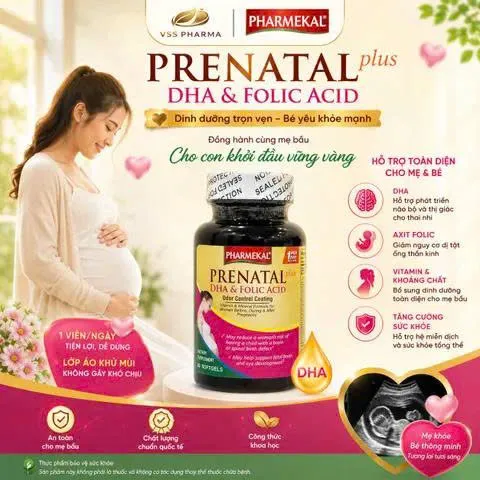 Viên uống Pharmekal Prenatal DHA & Folic Acid bổ sung vitamin và khoáng chất, hỗ trợ tăng cường sức khỏe lọ 60 viên