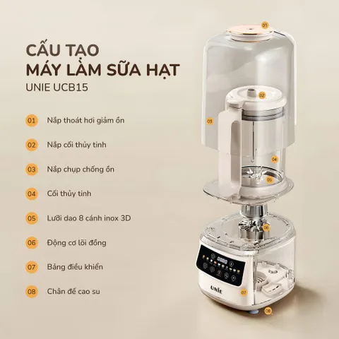 Máy Làm Sữa Hạt Đa Năng Unie UCB15 Dung Tích 1.5L, Dao inox 8 Cánh 3D, Hẹn Giờ, Tạm Dừng, Tự Vệ Sinh