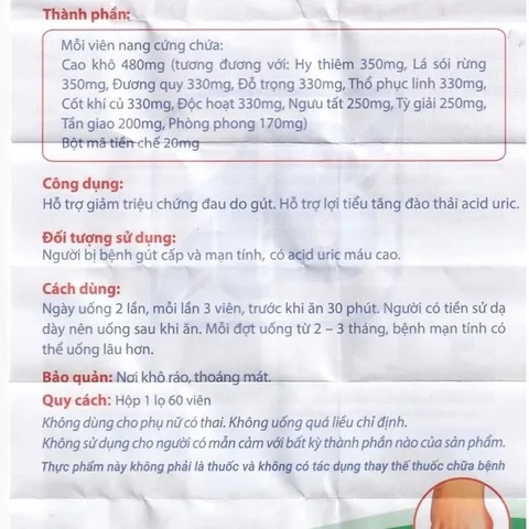 Viên hỗ trợ giảm triệu chứng đau do gút Gout Tâm Bình (60 viên)