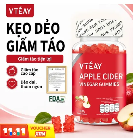 Kẹo Dẻo Giấm Táo VTÉAY Vitamin B12, B9 Hỗ Trợ Tiêu Hóa, Giữ Dáng Apple Cider Vinegar Gummies (Hộp 60 Viên)
