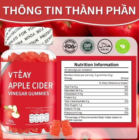 Kẹo Dẻo Giấm Táo VTÉAY Vitamin B12, B9 Hỗ Trợ Tiêu Hóa, Giữ Dáng Apple Cider Vinegar Gummies (Hộp 60 Viên)