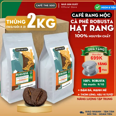 Thùng 2 KG Cà phê HẠT Robusta nguyên chất,  rang mộc 100% Café The Soo
