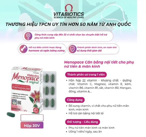 Viên uống Menopace H/30v VITABIOTICS Hỗ trợ cân bằng nội tiết cho phụ nữ tiền mãn kinh