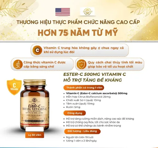 Viên uống Ester-C 500mg Vitamin C L/50v SOLGAR Hỗ trợ tăng đề kháng