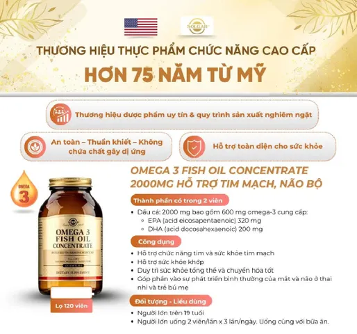 Viên uống Omega 3 Fish Oil Concentrate L/120V SOLGAR Hỗ trợ tim mạch, não bộ
