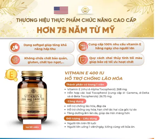 Viên uống Vitamin E 400 IU L/50V SOLGAR Hỗ trợ chống lão hóa