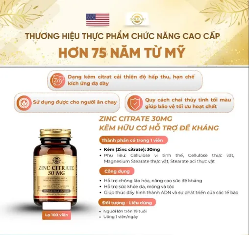 Viên uống Zinc Citrate 30mg L/100v SOLGAR Kẽm hữu cơ hỗ trợ đề kháng