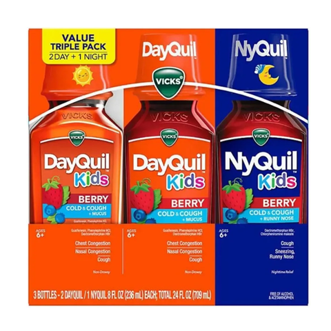 Siro Ho Cảm Vicks DayQuil & NyQuil Cho Trẻ 6+ Vị Berry - Set 3 Chai 236ml - Giảm Ho, Cảm Lạnh, Ngủ Ngon