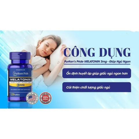 Viên uống hỗ trợ giấc ngủ Puritan's Pride Nighttime Sleep Aid 3mg - 60 viên cải thiện giấc ngủ tự nhiên và giảm căng thẳng.