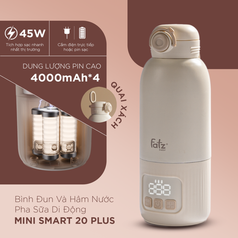 Bình Đun Nước Pha Sữa Fatzbaby Mini Smart 20 Plus FB3830BN - Chất Liệu Thép Không Gỉ, Dung Tích 500ml, Thiết Kế Thông Minh, Cảm Ứng Nhiệt Độ, An Toàn Cho Bé