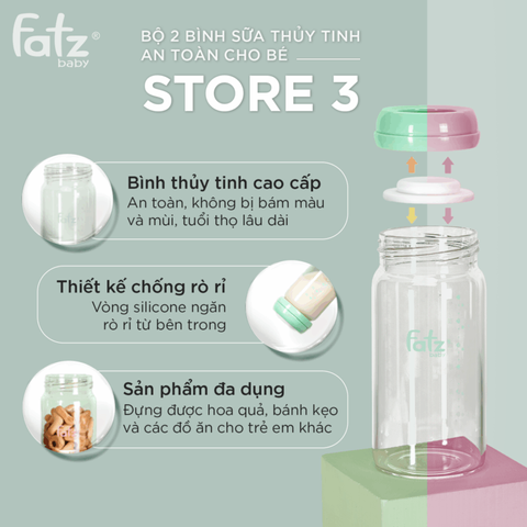 Bộ 2 Bình Trữ Sữa Thủy Tinh Fatzbaby Store 3 - Dung Tích 180ml Chống Rò Rỉ, Dễ Vệ Sinh - Giải Pháp Trữ Sữa Hiện Đại Cho Bé