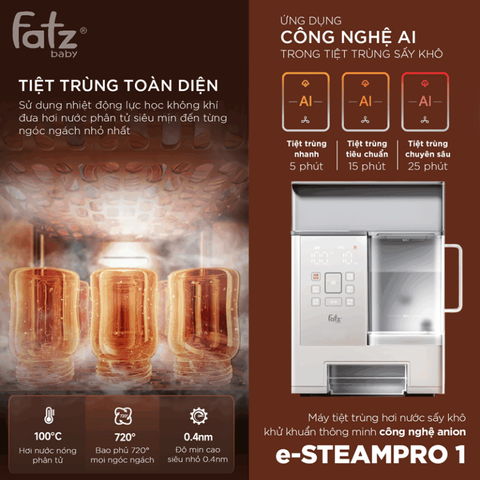 Máy Tiệt Trùng Hơi Nước Sấy Khô Công Nghệ Anion Fatzbaby e-STEAMPRO 1 FB4929BT - Tiệt Trùng Hiệu Quả, Thoải Mái Sử Dụng, Dung Tích 14L