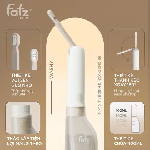 Máy Xịt Vệ Sinh Di Động Fatzbaby Washy 1 FB8898PW - Thiết Kế Tiện Lợi Cho Bé và Người Lớn, Chống Nước IPX6, Pin Sạc, 3 Tốc Độ Điều Chỉnh