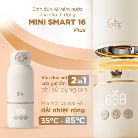 Bình Đun và Hâm Nước Pha Sữa Fatzbaby Mini Smart 16 Plus FB3808BN - Thiết Bị Đun Sôi Nước Linh Hoạt 35-85°C, Pin Sạc Di Động, Tiện Lợi Cho Bé