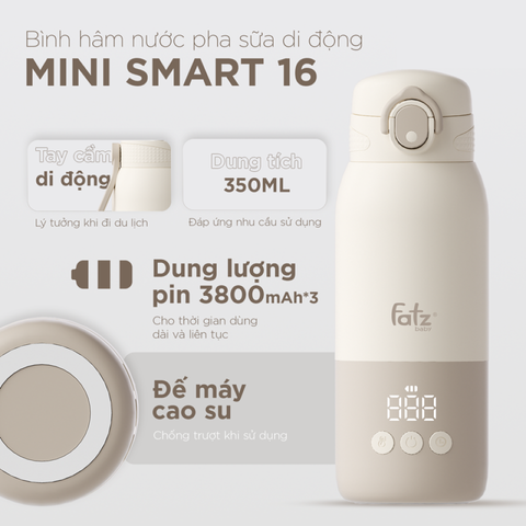 Bình Đun và Hâm Nước Pha Sữa Fatzbaby Mini Smart 16 FB3807BN - Chế Độ Hẹn Giờ Thông Minh, Nhiệt Độ 35-75°C, Tiết Kiệm Pin