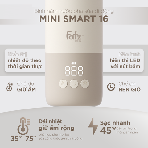 Bình Đun và Hâm Nước Pha Sữa Fatzbaby Mini Smart 16 FB3807BN - Chế Độ Hẹn Giờ Thông Minh, Nhiệt Độ 35-75°C, Tiết Kiệm Pin