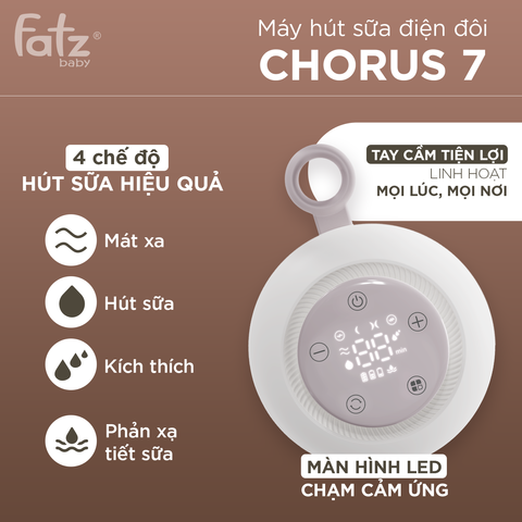 Máy Hút Sữa Điện Đôi Fatzbaby Chorus 7 FB1361MB - 4 Chế Độ, 9 Cấp Độ Hút, Pin Sạc, Phễu Silicon Siêu Mềm, Thiết Kế Tiện Lợi Cho Mẹ Bỉm Sữa