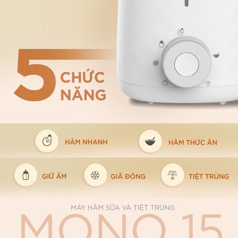 Máy Hâm Sữa và Tiệt Trùng Fatzbaby Mono 15 FB3005LD - Công Suất 500W, Nhanh Chóng, 5 Chức Năng Tiện Ích cho Mẹ và Bé