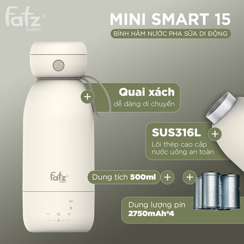 Bình Hâm Nước Pha Sữa Di Động Fatzbaby Mini Smart 15 FB3842FD - Dung Tích 500ml, Điều Khiển Cảm Ứng, Hiển Thị Nhiệt Độ Thời Gian Thực