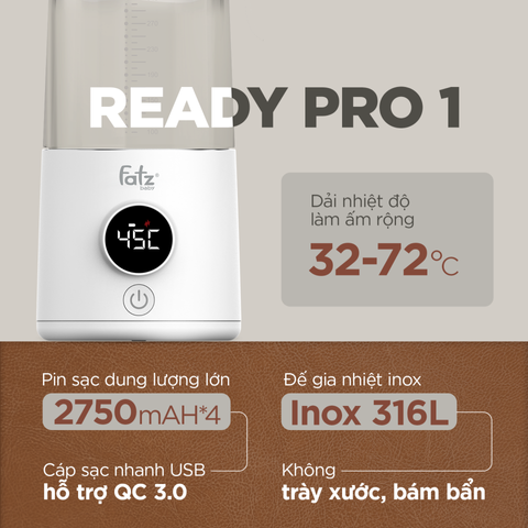 Bình Hâm Sữa Fatzbaby Ready Pro 1 FB3805FD - Kiểm Soát Nhiệt Độ 37°C-72°C, Giúp Giữ Dưỡng Chất, Phù Hợp Cho Bé 350ml