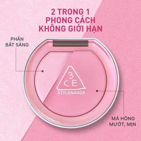 Phấn Má Hồng 3CE Blushlighter 2in1 - Sắc Hồng Tươi Tắn & Hiệu Ứng Bắt Sáng - Trang Điểm Rạng Rỡ Tự Nhiên