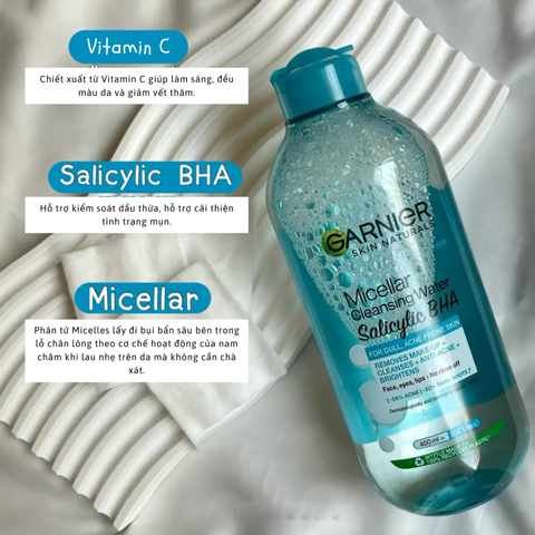 Nước Tẩy Trang Garnier Micellar Cleansing Water Salicylic BHA 400ml - Cho Da Dầu Mụn, Làm Sạch Sâu, Không Gây Kích Ứng
