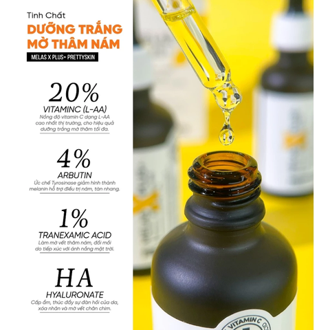 Tinh Chất Trắng Da Prettyskin Melas X Plus - 20% Vitamin C, Mờ Thâm Nám, Làm Sáng Da, Serum 30ml Nhập Khẩu