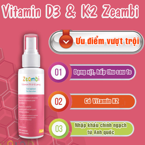 Vitamin D3 & K2 Spray Zeambi cho bé - Cung cấp Vitamin D3 và K2 hỗ trợ hấp thu canxi, phát triển xương răng khỏe mạnh, dạng xịt tiện lợi 15ml