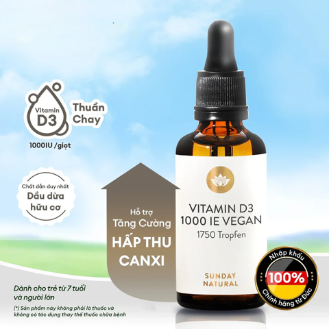 (Hàng nhập khẩu) Vitamin D3 1000IE Sunday Natural cho trẻ từ 7 tuổi