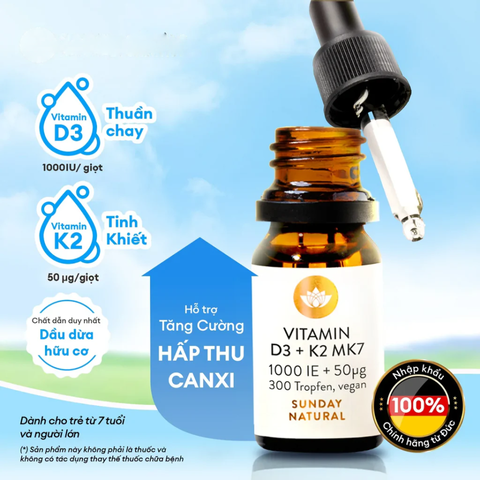 (Hàng nhập khẩu) Vitamin D3 + K2 MK7 1000IE Vegan Sunday Natural dạng giọt