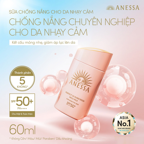 Kem Chống Nắng Anessa Perfect UV Sunscreen Mild Milk 60ml - SPF50+ Bảo Vệ Da Nhạy Cảm, Không Bết Dính, Chống Nước, Dưỡng Ẩm Tối Ưu