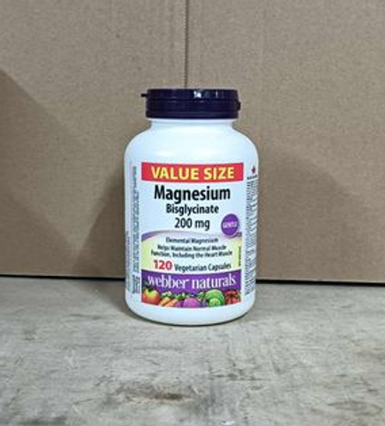 Viên uống bổ sung magie Webber Naturals Magnesium Bisglycinate 200mg - Hỗ trợ sức khỏe, hấp thu nhanh, 120 viên