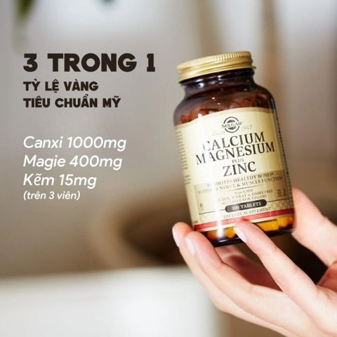 Viên uống bổ sung khoáng chất Solgar Calcium Magnesium Plus Zinc - Hỗ trợ xương, răng chắc khỏe, 100 viên nhập khẩu Mỹ