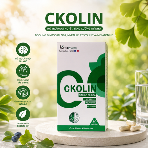 Viên uống hỗ trợ tăng tuần hoàn não Ckolin KenPharma - Tăng cường trí nhớ, giảm nhức đầu, hỗ trợ sức khỏe não bộ - Hộp 30 viên