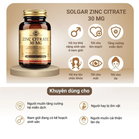 (Hàng nhập khẩu) Viên Uống Solgar Zinc Citrate 30mg - Hỗ Trợ Bổ Sung Kẽm Giúp Tăng Cường Sức Đề Kháng Và Làm Đẹp Da, Hộp 100 Viên