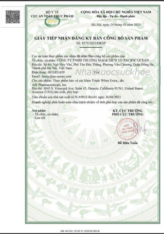 (Hàng nhập khẩu) Viên Uống Trắng Da Dietary Supplement Triple White - Hỗ Trợ Sáng Da, Mờ Thâm Nám và Chống Nắng Hiệu Quả, Hộp 50 Viên