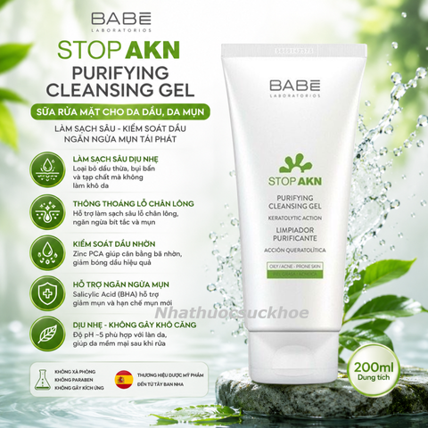 (Hàng nhập khẩu) Sữa Rửa Mặt BABE Stop AKN Gel 200ml - Làm Sạch Dịu Nhẹ, Kiểm Soát Dầu, Ngăn Mụn Tái Phát, Làm Sáng Da