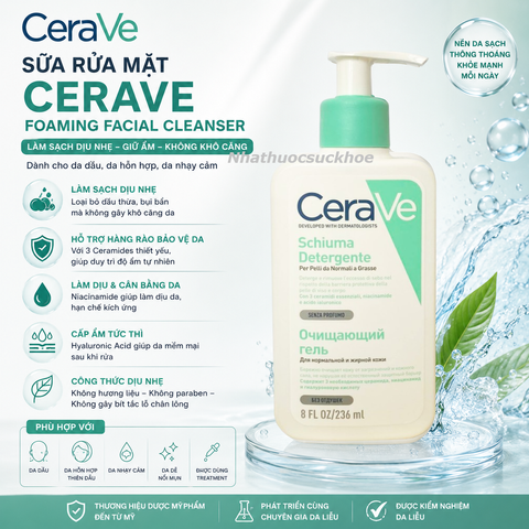 (Hàng nhập khẩu) Sữa Rửa Mặt CeraVe Foaming Facial Cleanser - Làm Sạch Da Nhẹ Nhàng, Giữ Độ Ẩm, Phục Hồi Da, Phù Hợp Với Da Dầu, Nhạy Cảm