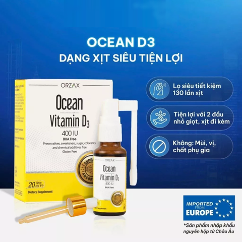 (Hàng nhập khẩu) Xịt Ocean Vitamin D3 400IU ORZAX 20ml - Bổ Sung Vitamin D3, Hỗ Trợ Xương Răng Chắc Khỏe, Tăng Hấp Thu Canxi