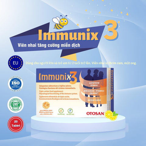 (Hàng Nhập Khẩu) Viên Nhai Otosan Immunix 3 20 Viên - Hỗ Trợ Đề Kháng Cho Trẻ Em & Người Lớn, Hương Cam Mật Ong Dễ Dùng