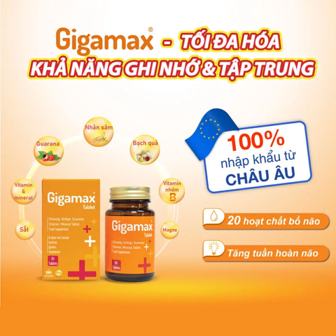 (Hàng Nhập Khẩu) Viên Uống Hỗ Trợ Bổ Não GIGAMAX 30 Viên - Hỗ Trợ Tăng Cường Trí Nhớ, Cải Thiện Tuần Hoàn Não, Giảm Căng Thẳng