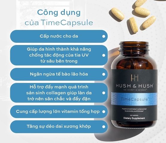 Viên uống trẻ hóa da Hush & Hush Time Capsule - Vitamin làm đẹp sáng da, giảm nếp nhăn, chống lão hóa tự nhiên từ Mỹ, 60 viên