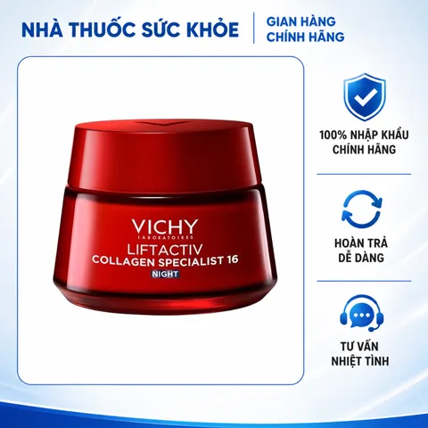 (Hàng nhập khẩu) Kem Dưỡng Đêm Vichy Liftactiv Collagen Specialist Night 50ml - Hỗ Trợ Sáng Da, Mờ Thâm Nám, Trẻ Hóa Da