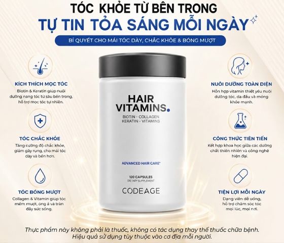 Viên uống hỗ trợ mọc và dưỡng tóc Codeage Vitamins Hair - Bổ sung Biotin, Keratin, Collagen cho mái tóc dày và khỏe mạnh