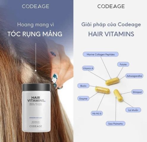 Viên uống hỗ trợ mọc và dưỡng tóc Codeage Vitamins Hair - Bổ sung Biotin, Keratin, Collagen cho mái tóc dày và khỏe mạnh
