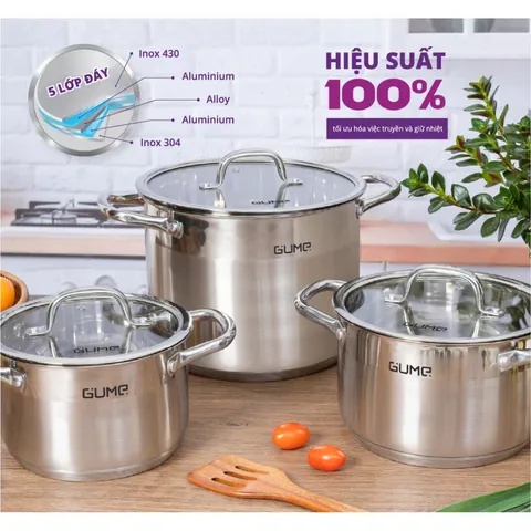 (Hàng nhập khẩu) Bộ Nồi Chảo Inox đáy 5 Lớp GMPPS-2201 Gume Korea Hàn Quốc