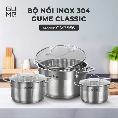 (Hàng nhập khẩu) Bộ nồi inox 304 cao cấp 3 món Gume Classic GM-3566