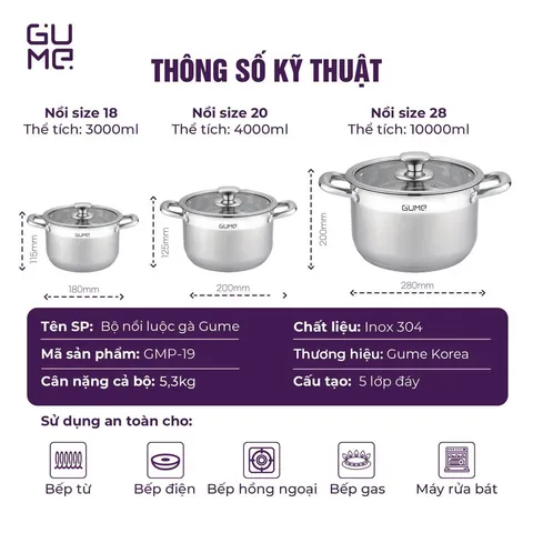 (Hàng nhập khẩu) Bộ 3 Nồi Luộc Gà Inox 304 Gume GMP-19 - Đáy 5 Lớp Dùng Cho Mọi Loại Bếp