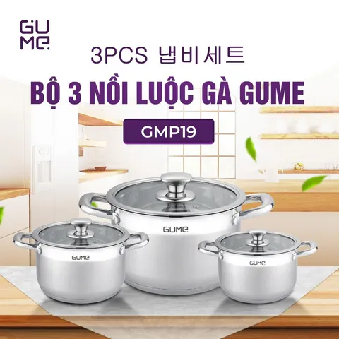 (Hàng nhập khẩu) Bộ 3 Nồi Luộc Gà Inox 304 Gume GMP-19 - Đáy 5 Lớp Dùng Cho Mọi Loại Bếp