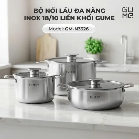 (Hàng nhập khẩu) Bộ Nồi Lẩu Đa Năng Inox 18/10 Liền Khối Gume GM - N3326